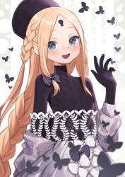  abigail_williams_(event_portrait)_(fate) abigail_williams_(fate) absurdres black_hat black_shirt blonde_hair blue_eyes blush bodystocking braid braided_ponytail breasts collarbone dress fate/grand_order fate_(series) female forehead grey_dress hat highres keyhole lazu0721 long_hair long_sleeves looking_at_viewer off_shoulder open_mouth parted_bangs shirt sidelocks small_breasts smile solo very_long_hair 