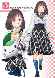  arms_at_sides black_skirt blazer blue_footwear blue_socks blush_stickers brown_eyes brown_hair copyright_request female food holding holding_food jacket kneehighs kuraifu long_sleeves looking_at_viewer medium_hair multiple_views otsu_natsu school_uniform shoes skirt smile socks standing standing_on_one_leg tareme uniform white_background yuru-chara 