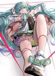  aqua_eyes aqua_hair bad_id bad_twitter_id black_skirt blue_hair cape commentary detached_sleeves female flower flower_underskirt gradient_hair hair_flower hair_ornament hair_tie hatsune_miku highres knee_up leg_up long_hair lying magical_mirai_(vocaloid) magical_mirai_miku magical_mirai_miku_(2021) multicolored_hair muu_(muu_shiromiya) on_back pleated_skirt ribbon skirt solo twintails very_long_hair vocaloid 