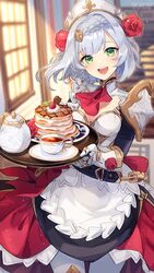  8_(e_uu88) armor ascot blurry blurry_background braid braided_bangs breasts cleavage commentary female flower food gauntlets genshin_impact green_eyes grey_hair hair_flower hair_ornament happy highres holding holding_tray lighter-than-air_pancake_(genshin_impact) long_sleeves looking_at_viewer maid maid_headdress noelle_(genshin_impact) official_style pancake pancake_stack red_ascot red_flower red_rose rose short_hair smile solo tray 