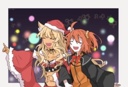  2girls absurdres bare_shoulders blonde_hair breasts chibi christmas cleavage commentary_request dark-skinned_female dark_skin fate/grand_order fate/grand_order_arcade fate_(series) fireworks fujimaru_ritsuka_(female) fujimaru_ritsuka_(female)_(mage&#039;s_association_uniform) gyaru hat highres kujiramaru long_hair midriff multiple_girls official_alternate_costume santa_costume santa_hat smile suzuka_gozen_(fate) suzuka_gozen_(santa)_(fate) upper_body 