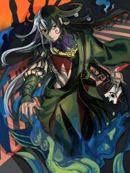  1boy ashiya_douman_(fate) asymmetrical_clothes asymmetrical_hair bad_id bad_pixiv_id black_eyes black_hair blue_fire cloud curly_hair earrings eyeshadow fate/grand_order fate_(series) fingernails fire green_eyeshadow green_kimono green_lips green_nails hadanugi_dousa hair_between_eyes hair_intakes holding japanese_clothes jewelry kimono light_smile lipstick long_hair magatama magatama_earrings makeup male_focus multicolored_hair nonono_nagata onmyouji open_clothes open_kimono ribbed_sleeves sharp_fingernails shikigami solo split-color_hair toned toned_male two-tone_hair very_long_hair white_hair 