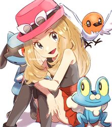  :d brown_hair chitozen_(pri_zen) commentary_request eyelashes eyewear_on_headwear female fletchling froakie grey_eyes hat high-waist_skirt highres long_hair looking_at_viewer mega_ring open_mouth pink_headwear pokemon pokemon_(creature) pokemon_xy red_skirt riolu serena_(pokemon) shirt shoes sitting skirt sleeveless sleeveless_shirt smile sunglasses thighhighs tongue twitter_username watermark white-framed_eyewear 