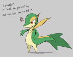  ambiguous_gender angry anthro biped bloodycat blush cross-popping_vein dialogue english_text generation_5_pokemon green_body leaf leaf_tail nintendo pokemon pokemon_(species) red_eyes shadow simple_background snivy snout solo tail text white_body yellow_body 