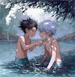  2boys closed_eyes commentary cowboy_shot facing_another from_side gon_freecss highres hunter_x_hunter kiko killua_zoldyck male_focus male_swimwear multiple_boys open_mouth outdoors scenery short_hair swim_trunks topless_male tree wading white_hair 