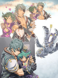  1boy black_coat black_eyes black_gloves black_hair black_pants chest_jewel closed_eyes coat eyepatch female fingerless_gloves full_body glasses gloves green_eyes green_hair heart highres hug jacket natto_soup pandoria_(xenoblade) pants purple_gloves purple_jacket shoe_soles short_hair short_sleeves straight xenoblade_chronicles_(series) xenoblade_chronicles_2 zeke_von_genbu_(xenoblade) 