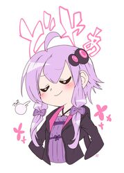  animal_ears bad_id bad_pixiv_id black_jacket blush chibi closed_eyes collarbone commentary criss-cross_halter cropped_torso doyagao dress ekaki-ya_okamoto female furrowed_brow hair_ribbon halterneck hands_on_own_hips highres hood hooded_jacket jacket puff_of_air purple_dress purple_hair rabbit_ears ribbon short_hair_with_long_locks smile smug solo translated upper_body visible_air vocaloid voiceroid white_background yuzuki_yukari 