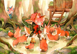  2girls aged_down animal animal_ear_fluff animal_ears animal_feet animal_hands blue_bow blue_kimono blush bow claws commentary detached_sleeves english_commentary fate/extra fate/grand_order fate_(series) food forest fox fox_ears fox_girl fox_tail gloves hair_between_eyes hairbow holding holding_plate japanese_clothes kimono ladder long_hair long_sleeves looking_at_another multiple_girls nature obi omelet omurice painting_(medium) paw_gloves paw_shoes pearlygraygallery pink_hair plate ponytail pout red_bow red_kimono sash sidelocks split_ponytail tail tamamo_(fate) tamamo_cat_(fate) tamamo_cat_(first_ascension)_(fate) tamamo_no_mae_(fate/extra) traditional_media tree v-shaped_eyebrows watercolor_(medium) wide_sleeves yellow_eyes 