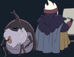  anthro arthropod beard beetle black_background canvas cape carapace clothing duo facial_hair harusuke hollow_knight horn insects looking_at_another looking_back male nailmaster_sheo_(hollow_knight) nailsmith_(hollow_knight) painting rhinoceros_beetle robe scarabaeid simple_background sitting team_cherry 