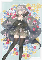  blush cape cloak fate/grand_order fate_(series) female floral_background foot_out_of_frame fur-trimmed_cloak fur_trim gift gray_(fate) grey_cape grey_hair hair_between_eyes highres holding holding_gift hood hood_up hooded_cape hooded_cloak long_sleeves looking_at_viewer lord_el-melloi_ii_case_files see-through short_hair solo t_r_t26 thighhighs 