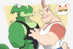  anthro blush claws closed_eyes clothing cupcake dragon duo food green_body hi_res hikazedragon lagomorph leporid male mammal muscular muscular_anthro muscular_male mythological_creature mythological_scalie mythology pec_grab pecs proud rabbit rg01_(undertale) rg02_(undertale) scalie shirt tank_top teeth thought_bubble topwear undertale_(series) 