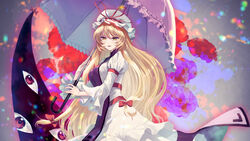  blonde_hair blush bow breasts commentary_request dress female flower flying gap_(touhou) gradient_background grey_background hair_between_eyes hairbow hands_up hat hat_bow highres holding holding_umbrella juliet_sleeves long_hair long_sleeves looking_at_viewer medium_breasts mob_cap neko61 open_mouth puffy_sleeves purple_eyes purple_flower purple_rose red_bow red_flower red_rose rose smile solo tabard touhou umbrella upper_body white_dress white_hat wide_sleeves yakumo_yukari yellow_eyes 