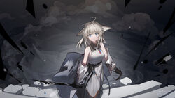  absurdres animal_ears arknights arknights:_endfield artist_name bare_shoulders belt belt_pouch black_gloves blue_eyes breasts closed_mouth debris female from_above gloves grey_hair grey_jacket grey_skirt highres holding jacket long_hair long_skirt long_sleeves looking_at_viewer looking_up medium_breasts off_shoulder open_clothes open_jacket perlica_(arknights) pouch rockyroo shirt skirt smile smoke solo white_shirt 