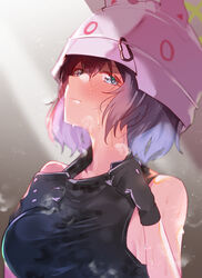  absurdres arito_arayuru black_gloves black_hair blue_archive blue_eyes breasts closed_mouth female gloves hair_between_eyes halo helmet highres light_rays medium_breasts saki_(blue_archive) shirt short_hair sleeveless sleeveless_shirt sweat upper_body wet 