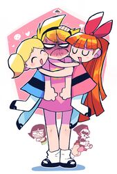  2boys 4girls :d absurdly_long_hair absurdres anger_vein angry belt billy_(grim_adventures) black_belt black_footwear blonde_hair blossom_(ppg) blue_dress blush blush_stickers bubbles_(ppg) buttercup_(ppg) cartoon_network closed_eyes closed_mouth constricted_pupils crossover dress embarrassed full-face_blush full_body girl_sandwich green_dress grim_(grim_adventures) headpat height_difference highres hood hood_up hug jitome long_hair looking_at_viewer mandy_(grim_adventures) mixed-language_commentary multiple_boys multiple_girls open_mouth orange_hair pantyhose pink_dress pink_shirt powerpuff_girls rariatto_(ganguri) sandwiched shirt shoes skeleton skull smile socks tall the_grim_adventures_of_billy_&amp;_mandy twintails u_u very_long_hair white_legwear 