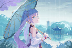  a-soul absurdres architecture ava_(a-soul) blue_eyes detached_sleeves dress east_asian_architecture female from_side hair_ribbon highres holding holding_umbrella lake long_hair looking_afar outdoors purple_hair rain ribbon ripples solo tree twintails umbrella upper_body virtual_youtuber white_dress x.x.d.x.c 