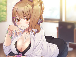  &gt;:) ass backlighting bead_bracelet beads bent_over biyoushitsu_aphrodite black_bra black_shorts blurry blurry_background blush bokeh bow bow_bra bra bracelet breasts brown_eyes brown_hair cleavage closed_mouth collarbone collared_shirt day depth_of_field dress_shirt female fingernails gyaru hair_ornament hairclip highres indoors jewelry large_breasts light_particles long_hair long_sleeves looking_at_viewer necklace official_art onizuka_ririna pink_bow pink_scrunchie ponytail scrunchie shirt short_shorts shorts sidelocks sleeves_rolled_up smile solo super_nagoyaka underwear v-shaped_eyebrows white_shirt wing_collar wooden_floor wrist_scrunchie 