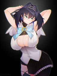  absurdres armpits arms_behind_head black_background black_hair blue_eyes bow bow_earrings breasts chains closed_mouth clothing_cutout commentary earrings english_commentary female hair_between_eyes hair_intakes highres hololive hololive_english jewelry large_breasts looking_to_the_side ouro_kronii ouro_kronii_(1st_costume) short_hair simple_background sleeveless sleeveless_turtleneck solo tilt-shift_(azalanz) turtleneck underboob underboob_cutout virtual_youtuber 