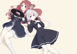  2girls black_dress black_sailor_collar blue_eyes bow commentary_request dress haya_bs highres kneehighs konno_junko long_hair long_sleeves looking_at_viewer low_twintails lying microphone minamoto_sakura multiple_girls on_back polka_dot polka_dot_bow record red_hair sailor_collar sailor_dress school_uniform simple_background socks twintails white_hair white_legwear zombie_land_saga 