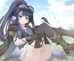  animal animal_ears arknights ass astgenne_(arknights) bird bird_ears bird_tail black_gloves black_thighhighs blue_eyes blue_hair blush boots buckle commentary_request female gloves goggles goggles_on_head high_heel_boots high_heels knees_up long_hair looking_at_viewer outdoors ponytail rhine_lab_logo smile solo tail thighhighs tififox 