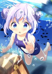  blue_eyes blue_hair blue_one-piece_swimsuit commentary_request double_bun female flat_chest foreshortening freediving gochuumon_wa_usagi_desu_ka? hair_bun hair_ornament highres inakami kafuu_chino light_blue_hair one-piece_swimsuit school_swimsuit solo swimsuit treasure_chest underwater x_hair_ornament 