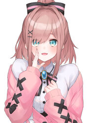  :d black_bow blue_eyes blush bow brooch brown_hair brown_nails cardigan collared_shirt commentary_request dress_shirt female hair_bun hair_intakes hair_ornament hair_over_one_eye hairbow hairclip hand_up hashiko_nowoto highres jewelry long_sleeves looking_at_viewer nail_polish nijisanji off_shoulder open_cardigan open_clothes open_mouth pink_cardigan shirt simple_background single_hair_bun sleeves_past_wrists smile solo striped striped_bow suzuhara_lulu virtual_youtuber white_background white_shirt x_hair_ornament 