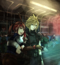  4boys armor barret_wallace black_shirt blonde_hair blue_eyes brown_eyes brown_gloves brown_hair buster_sword cloud_strife commentary_request female final_fantasy final_fantasy_vii fingerless_gloves gloves headband jessie_rasberry multiple_boys nikuman_(samara) pauldrons red_headband ribbed_shirt shirt short_ponytail shoulder_armor spiked_hair sword train_interior weapon wedge_(ff7) 