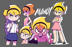  absurdres angry backpack bag black_eyes black_footwear black_hairband blonde_hair blue_skirt character_name clenched_teeth closed_mouth clothes_grab collared_shirt crossed_arms dress drop_shadow female frown grey_background hairband highres looking_at_viewer mandy_(grim_adventures) multiple_views open_mouth pink_dress pointing pointing_at_viewer raised_eyebrows rariatto_(ganguri) shaded_face shirt shoes short_hair skirt socks teeth the_grim_adventures_of_billy_&amp;_mandy white_legwear white_shirt wide-eyed wing_collar 