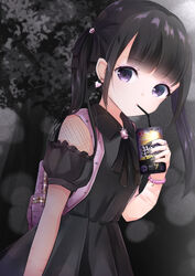  absurdres ashita_watashi_wa_dareka_no_kanojo backpack bag bandaged_arm bandages bendy_straw black_bow black_dress black_hair black_nails bow can collared_dress commentary_request dress drinking_straw female glint hairbow highres holding holding_can inahori long_sleeves looking_at_viewer nail_polish parted_lips puffy_long_sleeves puffy_sleeves purple_eyes self-harm_scar solo strong_zero takahashi_yua tree twintails 