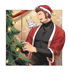  1boy 47_(479992103) beard blue_eyes brown_hair chest christmas christmas_lights christmas_ornaments christmas_stocking christmas_tree creature decorations facial_hair fate/grand_order fate_(series) fou_(fate/grand_order) hat jacket long_sleeves male_focus merry_christmas muscle napoleon_bonaparte_(fate/grand_order) santa_costume sideburns smile solo string_of_flags 