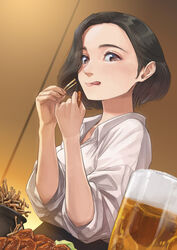  beer_mug bone brown_background brown_eyes brown_hair cup drunk eating female food holding holding_food indoors izakaya looking_at_viewer meal mug office_lady original otsu_natsu shirt solo white_shirt 