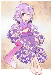  :o bad_id bad_pixiv_id blush commentary ekaki-ya_okamoto female floral_print full_body hair_ornament hair_scrunchie hand_on_own_stomach highres japanese_clothes kimono looking_at_viewer one_eye_closed open_mouth purple_eyes purple_hair purple_kimono scrunchie short_hair_with_long_locks sidelocks solo vocaloid voiceroid yuzuki_yukari 