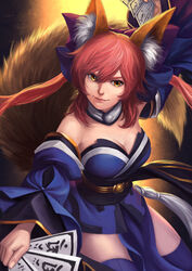  animal_ear_fluff animal_ears bare_shoulders blue_bow blue_kimono blue_thighhighs bow breasts cleavage closed_mouth commentary detached_collar detached_sleeves english_commentary eyebrows_hidden_by_hair eyelashes fate/extra fate_(series) female fingernails fox_ears fox_girl fox_tail hair_between_eyes hairbow highres holding holding_paper japanese_clothes kimono large_breasts lips long_hair long_sleeves looking_at_another looking_at_viewer obi okita paper pelvic_curtain pink_hair realistic sash signature smile solo split_ponytail tail talisman tamamo_(fate) tamamo_no_mae_(fate/extra) thighhighs wide_sleeves yellow_eyes zettai_ryouiki 