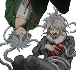  2boys ansatsu_kyoushitsu bad_id bad_twitter_id black_pants collarbone commentary_request cosplay costume_switch crossover danganronpa_(series) danganronpa_2:_goodbye_despair doggye_(zginrwsn) drawstring feet_out_of_frame fur_collar green_jacket green_pants grey_hair grey_jacket grey_pants grey_shirt hair_between_eyes hand_on_own_chest highres horibe_itona horibe_itona_(cosplay) jacket komaeda_nagito komaeda_nagito_(cosplay) korean_commentary lapels long_sleeves looking_at_another looking_to_the_side male_focus medium_hair multiple_boys notched_lapels open_clothes open_jacket open_mouth pants print_shirt red_shirt rotational_symmetry shirt short_hair simple_background teeth tentacle tongue upside-down white_background white_shirt yellow_eyes 