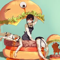  &gt;_o absurdres apron black_eyes black_hair bloom_into_me15 bow bowtie burger chainsaw_man cheese corpse crying crying_with_eyes_open death dot_pupils family_burger_(chainsaw_man) family_burger_mascot_(chainsaw_man) food hair_ornament hairclip headless higashiyama_kobeni highres lettuce lifting mole mole_on_cheek mole_under_eye multiple_moles nervous nervous_smile one_eye_closed pochita_(chainsaw_man) ringed_eyes short_ponytail single_sidelock smile sweat tears teeth tomato upper_teeth_only 