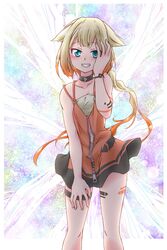  arm_tattoo backlighting bad_id bad_pixiv_id blue_eyes blush cevio collar collarbone commentary dress ekaki-ya_okamoto feet_out_of_frame female grin hand_on_own_head hand_on_own_thigh highres leg_tattoo looking_at_viewer one_(cevio) orange_dress platinum_blonde_hair smile solo standing tattoo tears thigh_strap unzipped zipper 