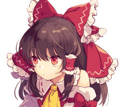  arm_garter ascot bare_shoulders bow brown_hair closed_mouth commentary detached_sleeves female frilled_bow frilled_shirt_collar frills hair_tubes hairbow hakurei_reimu long_hair looking_away orange_eyes ponytail raised_eyebrows red_bow red_eyes red_ribbon red_shirt ribbon ribbon-trimmed_collar ribbon_trim shirt sidelocks simple_background sleeve_bow sleeveless sleeveless_shirt solo tomobe_kinuko touhou upper_body white_background yellow_ascot 