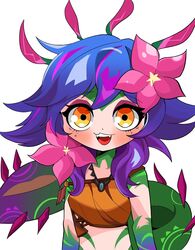  :d bare_shoulders beseunaj-jamjaneun_gemdol-i blue_hair blush breasts colored_skin fangs female flower green_skin hair_flower hair_ornament highres league_of_legends long_hair looking_at_viewer multicolored_hair neeko_(league_of_legends) open_mouth orange_eyes pink_flower purple_hair smile solo tail teeth upper_body upper_teeth_only yellow_eyes 