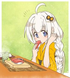  ^^^ adjusting_hair ahoge bad_id bad_pixiv_id blue_eyes blush braid cup eating ekaki-ya_okamoto female fish_(food) food green_background green_tea hair_ornament hand_in_own_hair holding holding_food japanese_clothes kimono kizuna_akari long_hair looking_at_viewer nigirizushi orange_kimono sitting solo star_(symbol) star_print steam sushi sushi_geta table tea teacup towel very_long_hair vocaloid voiceroid white_hair 