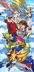  1boy :d :o backpack bad_id bad_pixiv_id bag blue_sky breasts brown_hair canine cloud cloudy_sky commentary day english_commentary english_text female gloria_(pokemon) grookey hat highres holding holding_poke_ball looking_at_viewer mixed-language_commentary monkey one_eye_closed open_mouth outdoors poke_ball poke_ball_(basic) pokemon pokemon_(creature) pokemon_swsh rabbit scorbunny sky small_breasts smile sobble victor_(pokemon) yukari_(yukari21653710) zacian zacian_(crowned) zamazenta zamazenta_(crowned) 