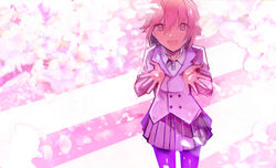  :d absurdres blazer blush brown_eyes brown_hair collared_shirt commentary_request female flower hair_between_eyes hands_up highres jacket long_sleeves looking_at_viewer open_mouth original pantyhose pleated_skirt purple_jacket purple_pantyhose purple_skirt school_uniform shirt skirt smile solo tarbo_(exxxpiation) white_flower white_shirt 