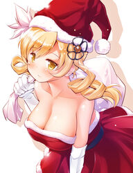  bare_shoulders blonde_hair blush breasts chauke christmas cleavage closed_mouth collarbone commentary_request drill_hair elbow_gloves female gloves hair_ornament hat highres large_breasts looking_at_viewer mahou_shoujo_madoka_magica mahou_shoujo_madoka_magica_(anime) red_hat santa_costume santa_hat short_hair smile solo tomoe_mami twin_drills white_gloves yellow_eyes 