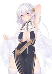  absurdres arm_up azur_lane bad_id bad_pixiv_id blush braid breast_curtains breasts china_dress chinese_clothes chinese_commentary clark_(159123) commentary dress female flower garter_straps hair_between_eyes hair_ornament highres large_breasts looking_at_viewer official_alternate_costume pelvic_curtain red_eyes revealing_clothes ribbon_between_breasts see-through short_hair side_braid simple_background sirius_(azur_lane) sirius_(azure_horizons)_(azur_lane) solo thighhighs white_background white_hair white_thighhighs 