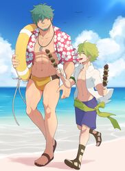  2boys ^_^ aark0 abs age_difference ass_visible_through_thighs bara bare_pectorals beach beard black_male_swimwear bulge closed_eyes facial_hair fire_emblem fire_emblem:_the_binding_blade fire_emblem:_the_blazing_blade fire_emblem_heroes full_body green_hair hair_over_eyes happy hawaiian_shirt height_difference highres holding holding_skewer holding_swim_ring innertube large_pectorals lifeguard long_sideburns lowen_(fire_emblem) male_focus male_swimwear multicolored_male_swimwear multiple_boys muscular muscular_male navel nipples outdoors pectorals sand sandals shirt short_hair shorts sideburns skewer smile stomach swim_briefs swim_ring thighs v-taper walking water whistle whistle_around_neck wolt_(fire_emblem) wolt_(summer)_(fire_emblem) yellow_male_swimwear 