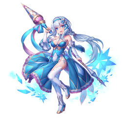  :d absurdres bad_id bad_twitter_id bare_shoulders blue_dress blue_eyes breasts detached_sleeves dress female full_body hair_between_eyes hair_ornament hairclip hand_up head_tilt high_heels highres holding large_breasts long_hair long_sleeves looking_at_viewer open_mouth original shichigatsu simple_background smile solo standing standing_on_one_leg thighhighs white_background white_hair white_thighhighs x_hair_ornament 