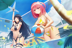  2girls aircraft airplane azur_lane bad_id bad_pixiv_id ball beachball bikini black_hair breasts chinese_commentary cleavage commentary_request day dead_or_alive dead_or_alive_xtreme dutch_angle fingerless_gloves from_below garter_straps gloves hair_bobbles hair_ornament honoka_(doa) honoka_(summer_angel_on_the_shore)_(doa) large_breasts long_hair micro_bikini multiple_girls navel nyotengu nyotengu_(scarlet-tinged_hot_spring_vacation)_(doa) o-ring o-ring_bikini o-ring_top one_side_up outdoors pink_eyes pink_hair pool pool_ladder purple_eyes short_hair side-tie_bikini_bottom stomach string_bikini swimsuit thighs very_long_hair yu_(want_rou_nai_zi) 