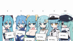  6+girls ? aqua_hair black_eyes black_headwear blue_archive blue_eyes blue_hair blue_jacket breasts channel_(_caststation) cleavage closed_mouth color_connection commentary crossover detached_sleeves dot_nose dress ene_(kagerou_project) faruzan_(genshin_impact) genshin_impact goddess_of_victory:_nikke green_eyes grey_shirt hair_between_eyes hair_color_connection hair_ornament hair_over_one_eye hairstyle_connection hatsune_miku headphones highres hiyori_(blue_archive) holding holding_sign jacket kagerou_project large_breasts league_of_legends long_hair look-alike multiple_crossover multiple_girls necktie open_mouth orange_eyes parted_lips ponytail privaty_(nikke) shirt side_ponytail sign simple_background sleeves_past_fingers sleeves_past_wrists sona_(league_of_legends) sweat track_jacket trait_connection twintails very_long_hair vocaloid white_background x_hair_ornament 