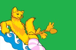  3:2 anthro bedroom_eyes claws clothing femboy flag fur green_background hi_res legwear looking_at_viewer lying male mammal meme mink mustelid musteline narrowed_eyes naysayingmongrel on_side seductive simple_background simple_coloring simple_eyes solo thigh_highs true_musteline yellow_body yellow_fur 