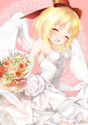  ^_^ absurdres angel_wings armpit_crease armpits blonde_hair blush bow breasts cleavage closed_eyes commentary_request cowboy_shot doily dress dutch_angle elbow_gloves feathered_wings female flower frills gengetsu_(touhou) gerbera gloves hairbow happy highres inuimahirocha open_mouth pink_background red_bow rose short_hair skirt_hold small_breasts strapless strapless_dress touhou touhou_(pc-98) wedding wedding_dress white_dress white_flower white_gloves white_rose white_wings wings 