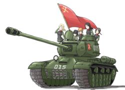  5girls absurdres alina_(girls_und_panzer) blonde_hair blue_eyes brown_hair caterpillar_tracks clara_(girls_und_panzer) commentary_request emblem flag fur_hat girls_und_panzer hat helmet highres is-2 katyusha_(girls_und_panzer) long_hair military military_vehicle motor_vehicle multiple_girls nina_(girls_und_panzer) nonna_(girls_und_panzer) pravda_(emblem) pravda_military_uniform short_hair skirt smile standing tank tank_helmet tsukimizake twintails ushanka white_background 